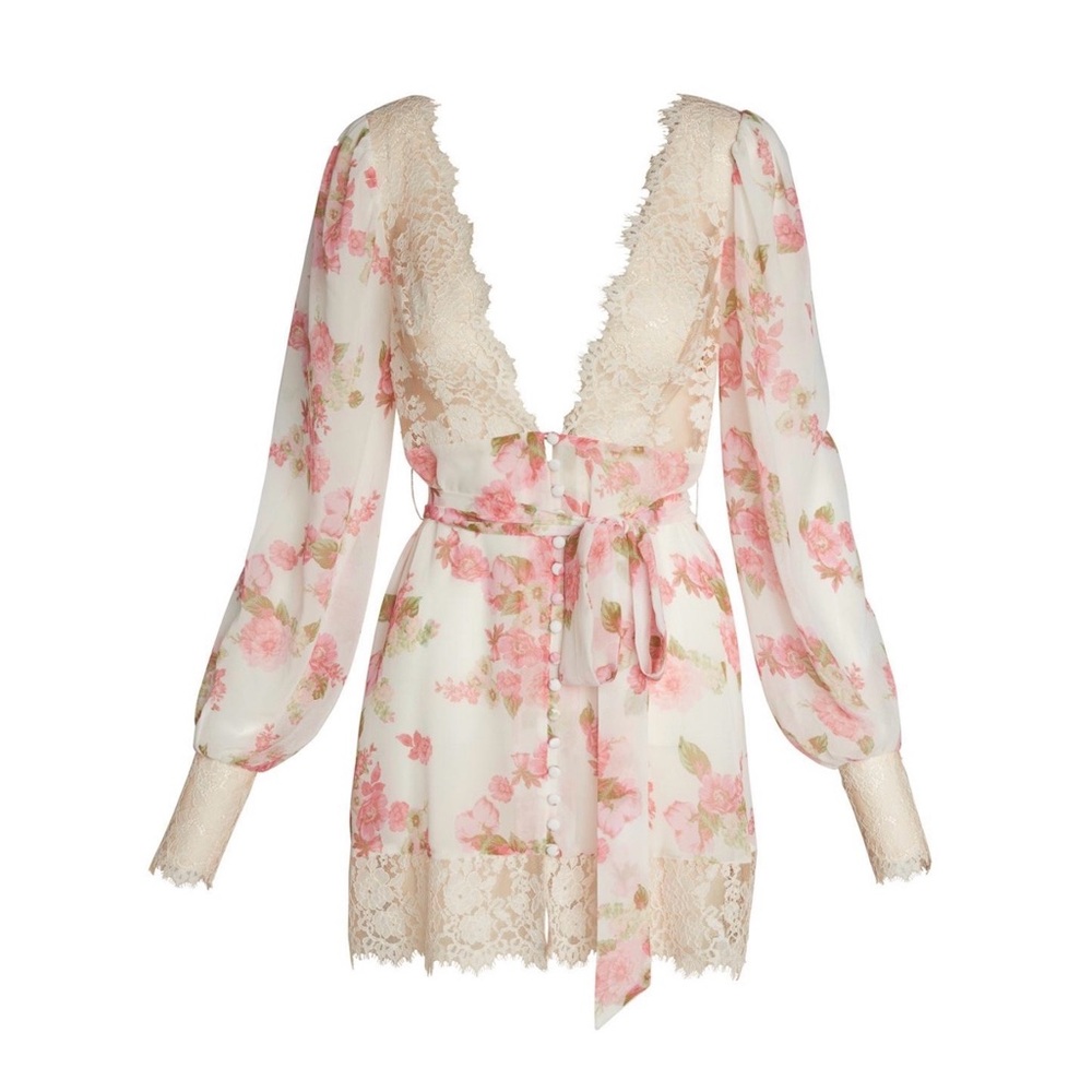 For Love And Lemons Floral Lace Robe - Pink and Cream